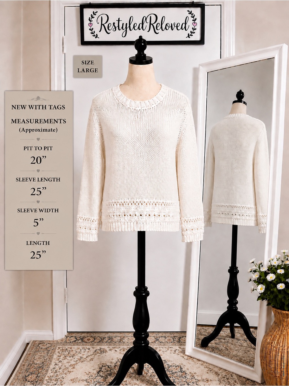 Elie Tahari Open-Knit Lace-Trim Sweater – White – Large – NWT